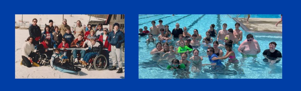 Two images, one depicting the YC crew doing an outdoor activity in its early days and one depicting the YC crew in the pool today.
